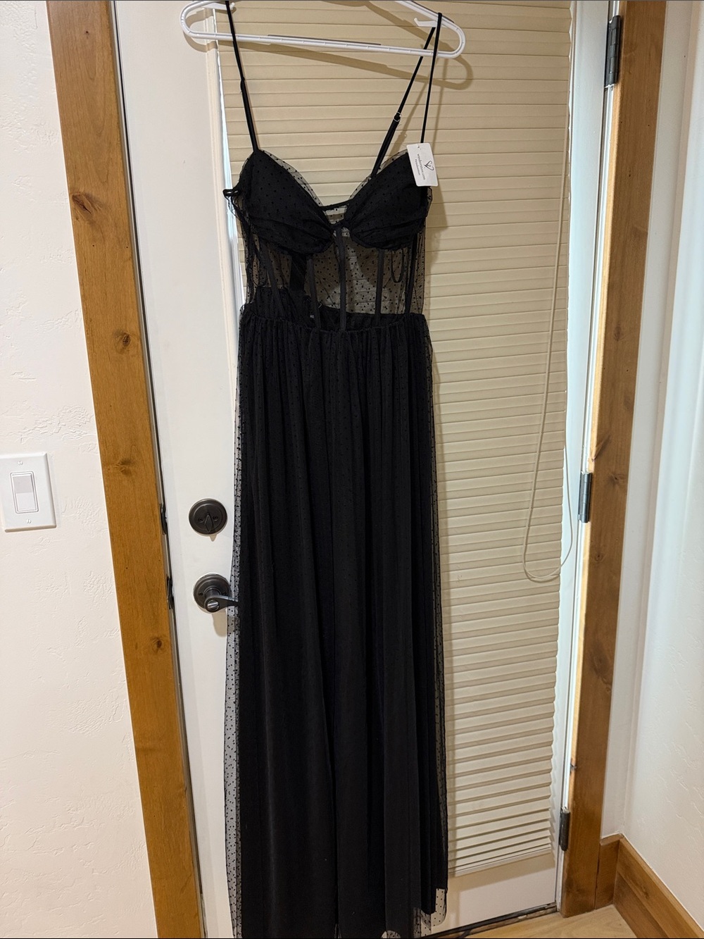 Elegant Black Sheer Polka Dot Maxi Corset Dress with Adjustable Straps